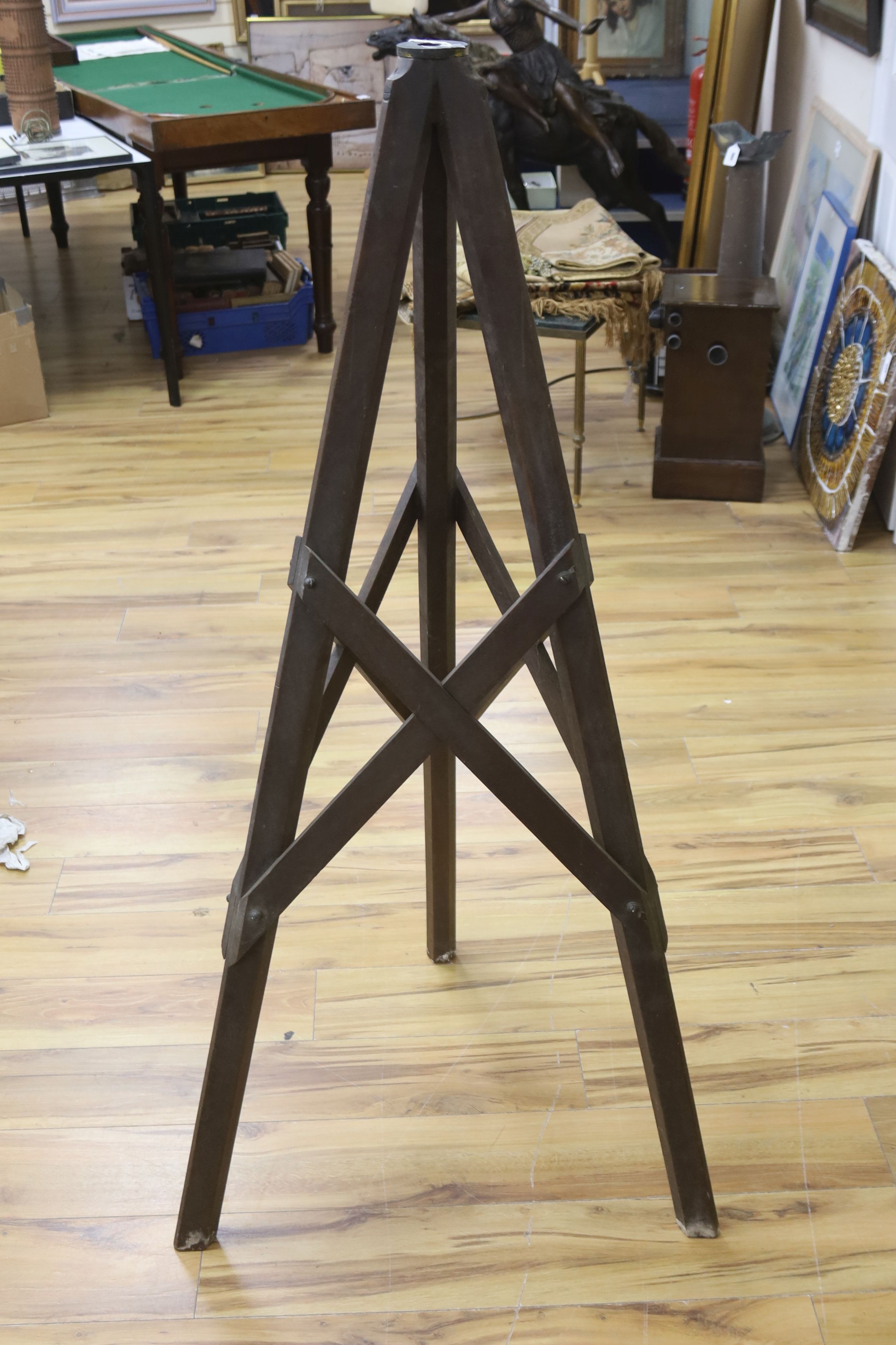 A Victorian mahogany stand for a telescope or surveyors instrument, 139cm